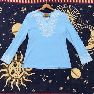 Powder Blue Coastal Cotton Embroidered Long Sleeve Blouse Peck & Peck Weekend M